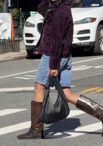 grape corduroy jacket with light-wash jorts