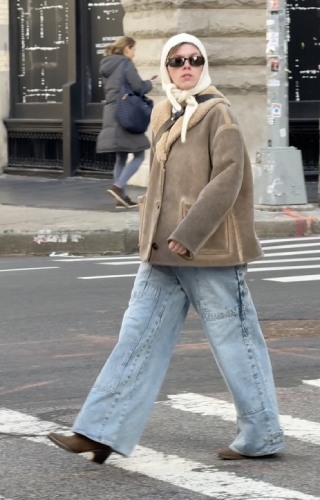 brown suede teddy coat and heeled boots