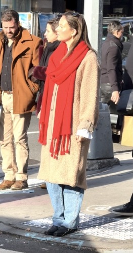 mid-cut teddy coat with a chunky knit scarf