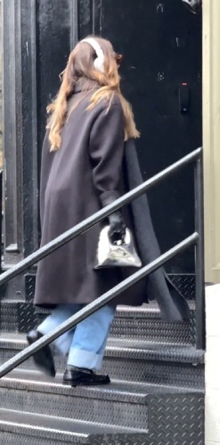 grey trench coat, matched it with light blue jeans