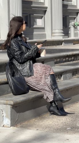 sheer zebra maxi skirt paired with leather boots