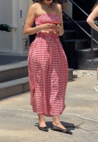 red gingham tube top and maxi skirt