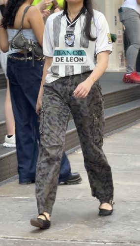 camo cargos combined with a vintage sports jersey