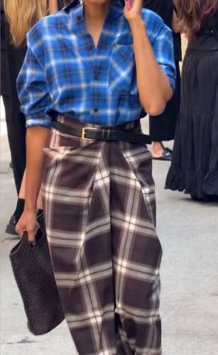 brown plaid maxi skirt with a crisp blue button-down