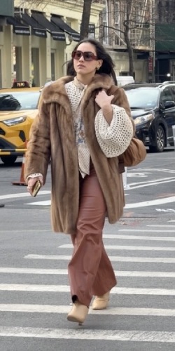 brown fur coat, brown leather trousers, and elegant stiletto boots