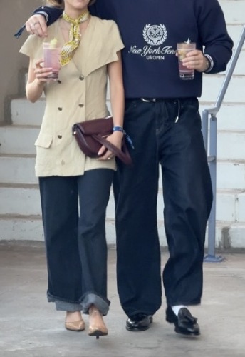 dark-wash jeans and nude patent leather heels