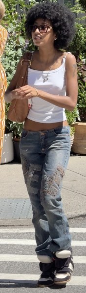 patchwork jeans and a white tank