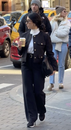 tailored coat with gold buttons