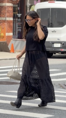 sheer lace maxi skirt with a classic black tee