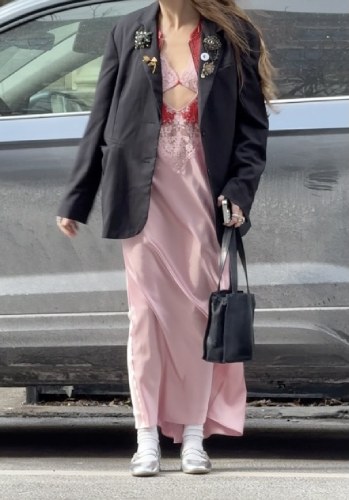 red and pink slip dress