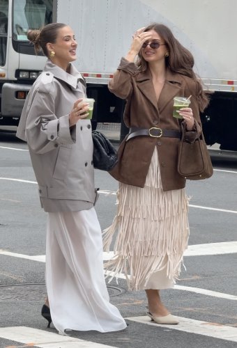 oversized grey desk blazer layered over a sheer crepe maxi skirt