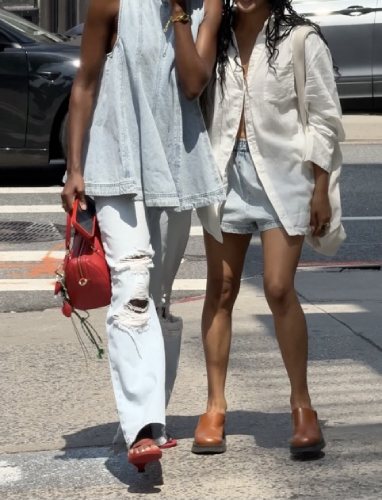 light wash denim tunic and ripped jeans