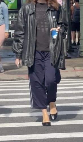 wide-leg track capri teamed with shiny ballet flats